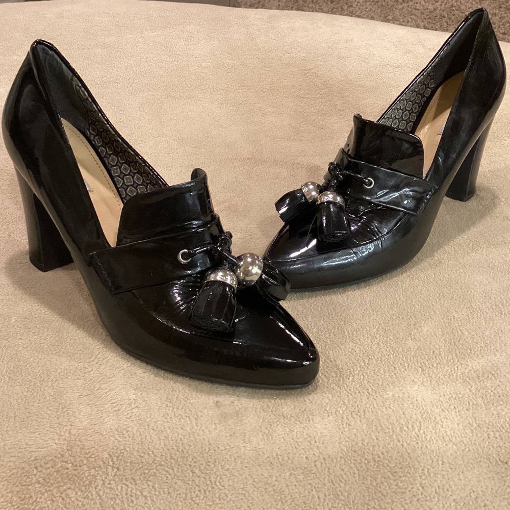 Geox Respira Black Patent Leather Shoes, Pointed Toe, Block Heel, EU 39, US 8